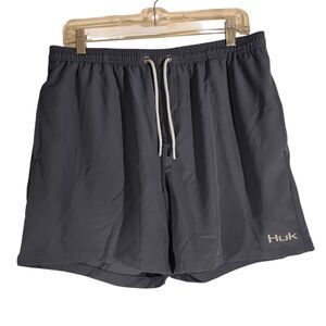 Huk Pursuit Volley shorts mens L Large navy blue swim fishing lined stretch
